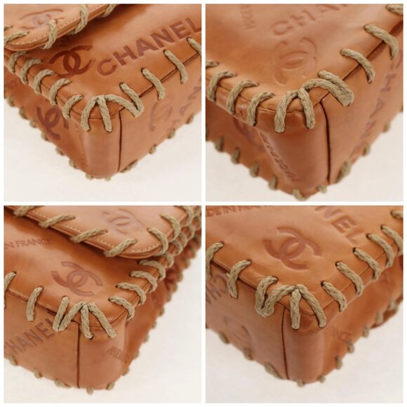 CHANEL Whipstitch COCO Mark Chain Bag Leather Brown Gold CC Auth 155770AV
